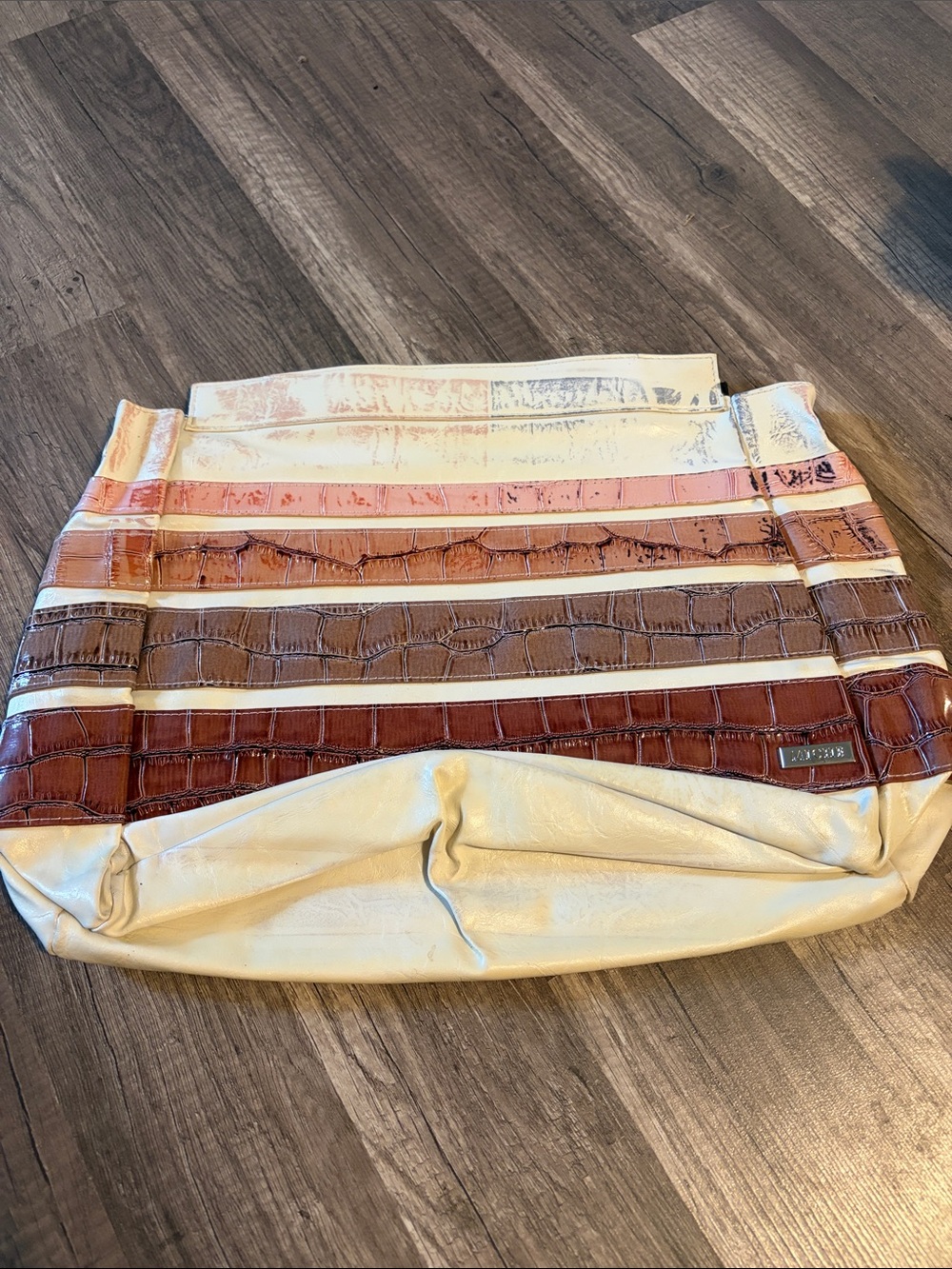 Miche Prima Shell - Striped Croc-Texture in Cream, Brown and Pink (Abagail)